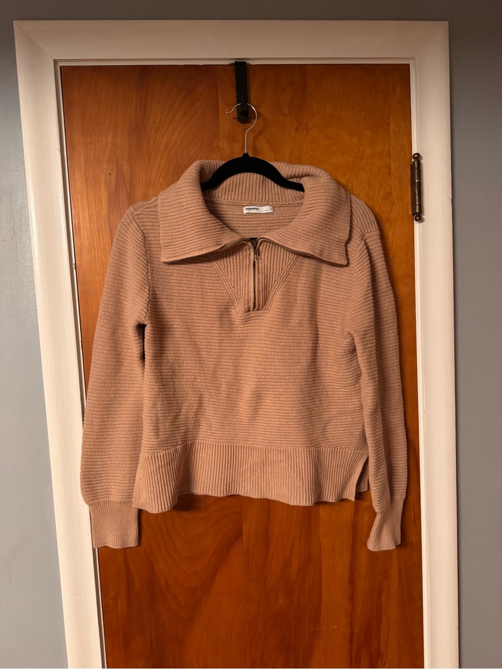 Sonoma Taupe Half-Zip Ribbed Turtleneck Sweater